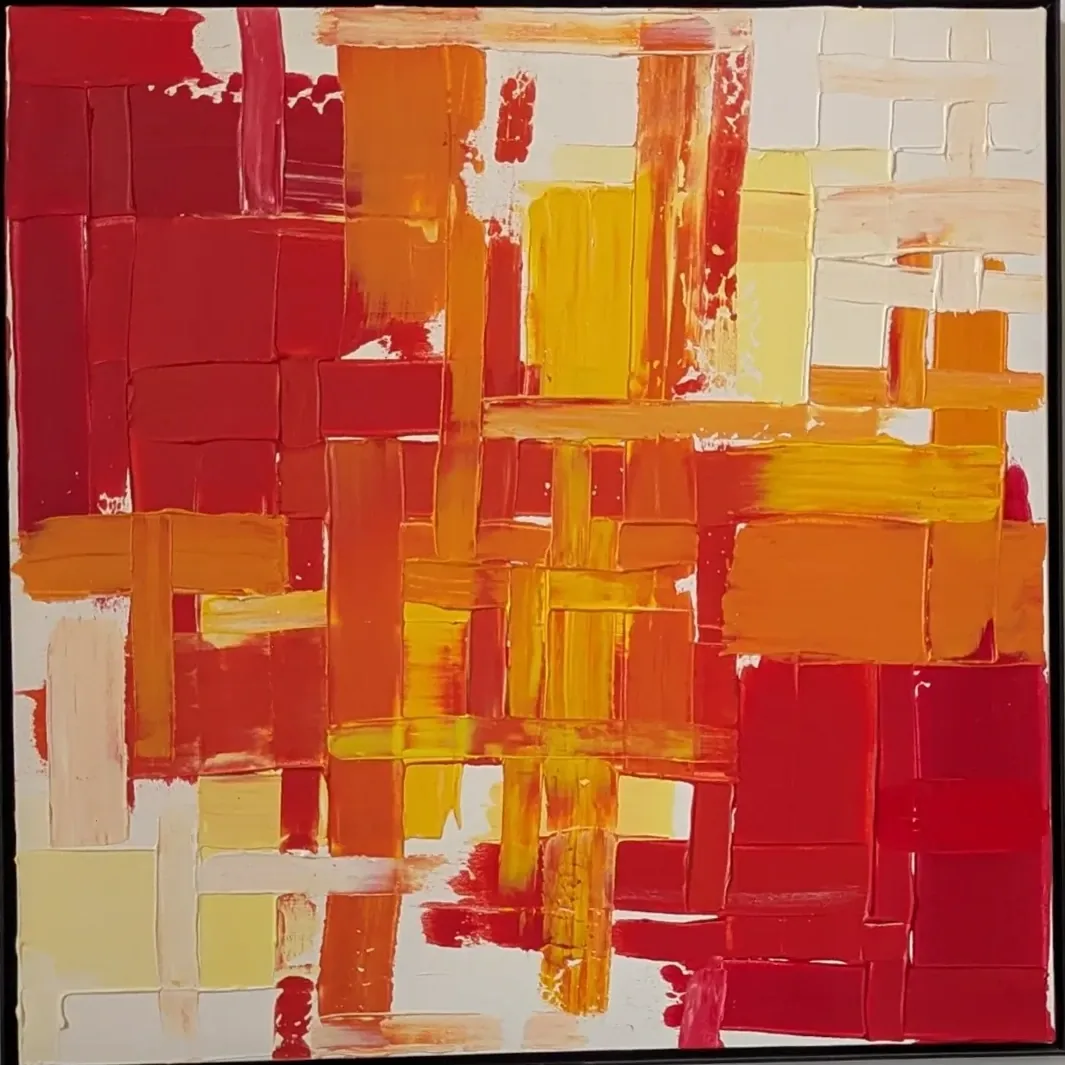 Abstract painting with interlocking red, orange, yellow, and cream brushstrokes.